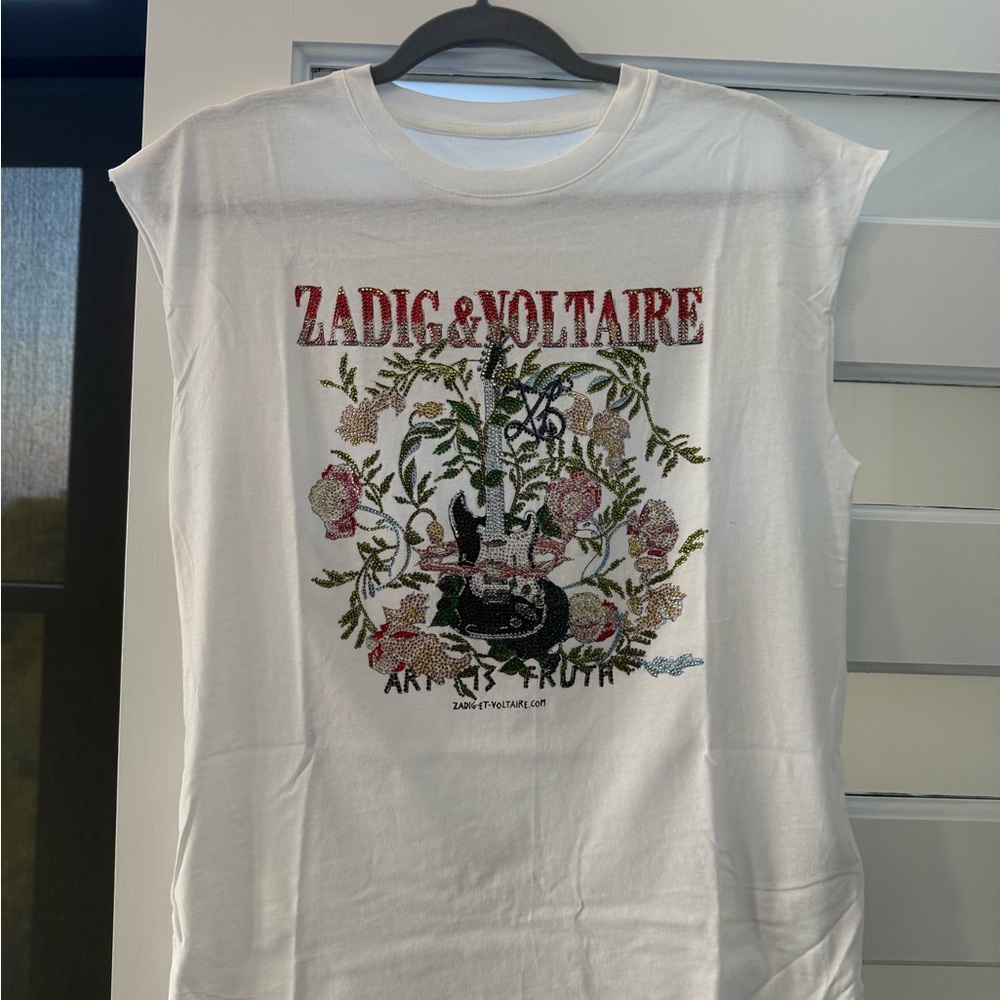 Zadig & Voltaire White Tee with Floral Guitar Design